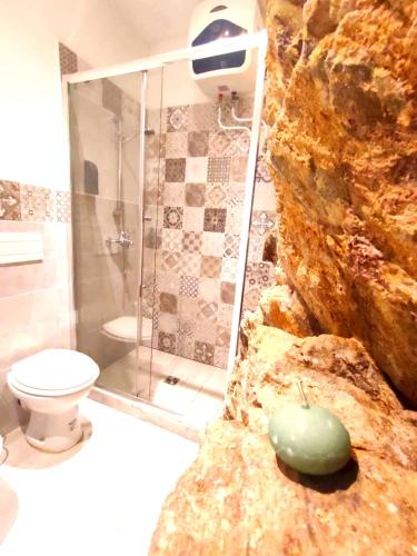 a bathroom with a toilet and a glass shower at The small waterfall house, la cascatella in Massa