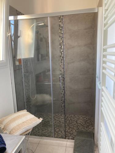 La salle de bains est pourvue d'une douche avec une porte en verre. dans l'établissement La Batie Saint-André, à Redessan