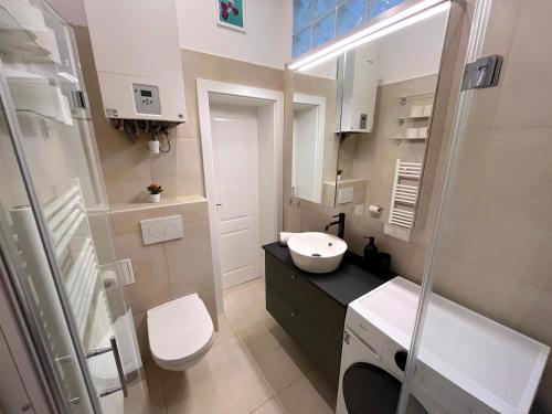 łazienka z toaletą i umywalką w obiekcie Private terrace, 8 min to center w Wiedniu