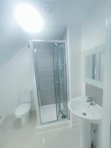 a bathroom with a shower and a sink and a toilet at Madif Ensuite in Leicester