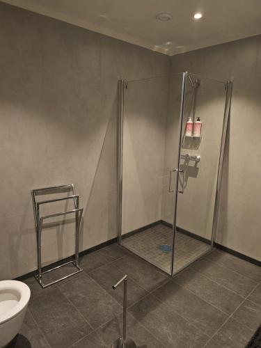 a bathroom with a shower and a toilet at Panorama wiev in Stranda