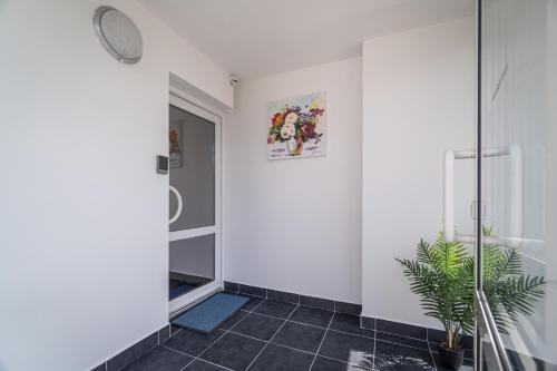 a bathroom with a shower and a potted plant at Apartments By Pyramid: Elisabeth in Bratislava