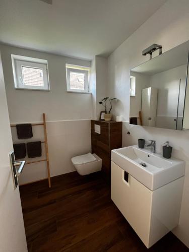 a bathroom with a sink and a toilet and a mirror at Prázdninový dom in Mlynčeky