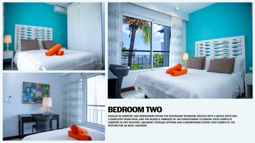 un collage de 2 fotos de un dormitorio con 2 camas en Plage Bleue D2 en Trou aux Biches