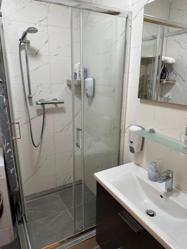 a bathroom with a glass shower and a sink at Sunny House Two in Bratislava