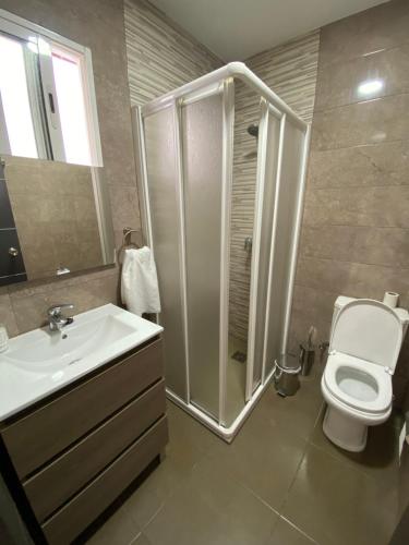 een badkamer met douche, toilet en wastafel bij House in Malaga in Málaga