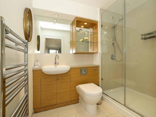 uma casa de banho com um WC, um lavatório e um chuveiro em Pass the Keys Stylish comfortable apartment in central Kingston em Kingston upon Thames
