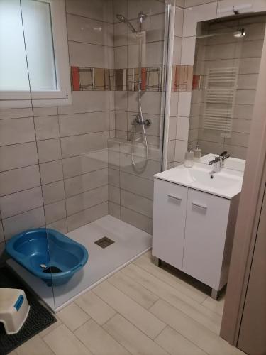 une salle de bain avec une douche, des toilettes et un lavabo dans l'établissement Maison à la campagne 