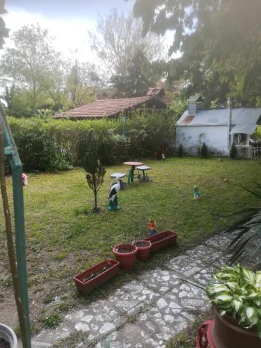 a garden with a row ofotted plants in a yard at Apartmani Pasuljevic Srebrno Jezero in Veliko Gradište