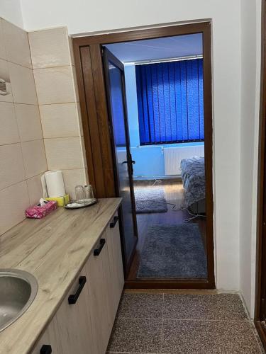 La salle de bains est pourvue d'un lavabo et d'une porte menant à une chambre. dans l'établissement MEHTUP SRL, à Piteşti