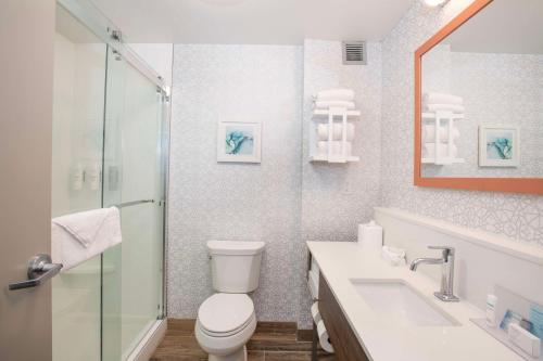 a bathroom with a toilet and a sink and a shower at Hampton Inn Dry Ridge in Dry Ridge