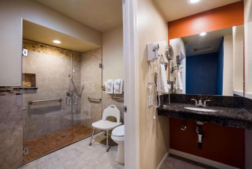 a bathroom with a shower and a sink and a toilet at Rodeway Inn near Coachella in Indio