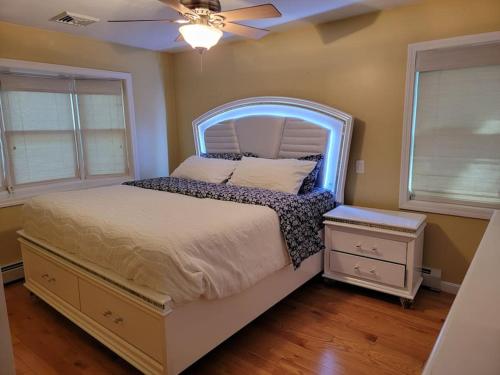 CharltonCozy Lake Cottage的一间卧室配有一张带吊扇的床和2扇窗户。