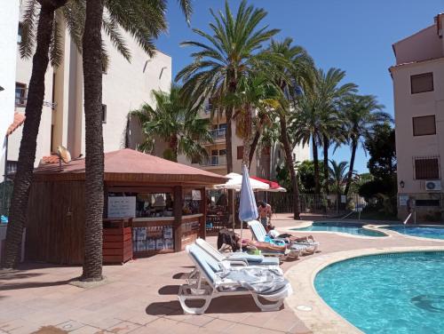 einen Pool mit Palmen und Stühlen neben einem Resort in der Unterkunft Apartamento Parchís con piscina in Denia