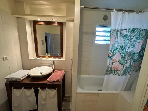 La salle de bains est pourvue d'un lavabo et d'une douche. dans l'établissement Appartement T3 proche aéroport et Nordev, à Sainte-Clotilde