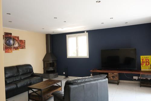 ein Wohnzimmer mit einem Sofa und einem Flachbild-TV in der Unterkunft Maison confortable à Ansouis dans Le Luberon in Ansouis