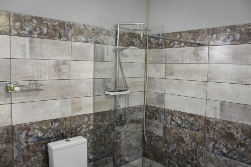 a bathroom with a shower and a toilet at R34 Boutique Guest House in Veliko Tŭrnovo