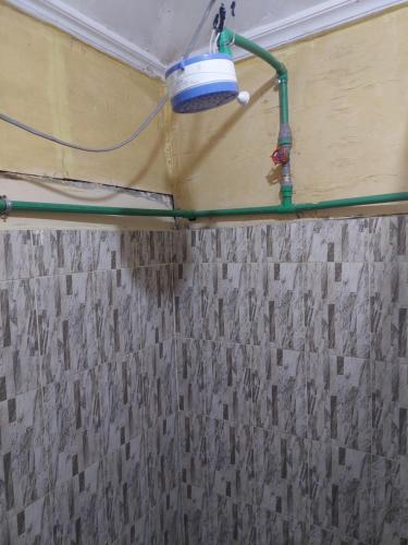 a bathroom with a shower curtain and a light on the ceiling at Lookout homestay in Sekenani