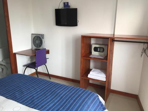 a bedroom with a bed and a tv and a chair at Hotel Esmeralda in Iquique