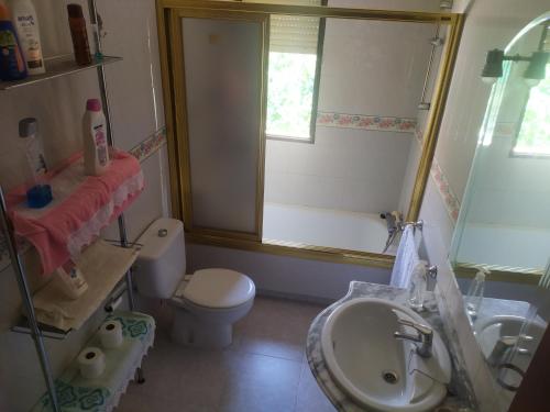 a bathroom with a sink and a toilet and a window at Habitacion Privada Triple Toledo in Toledo