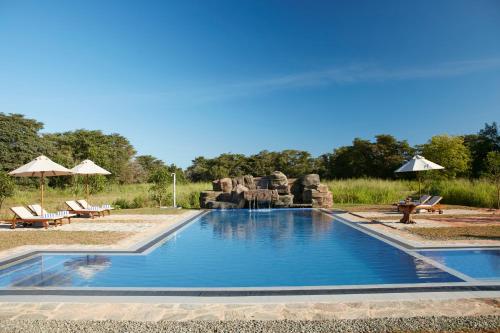 a swimming pool in a yard with chairs and umbrellas at Seerock The King's Domain in Sigiriya