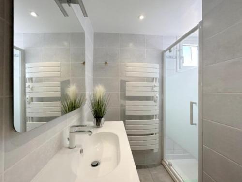 bagno bianco con lavandino e doccia di Joli appartement face au port, accès direct plage 4RP17 a Le Barcarès