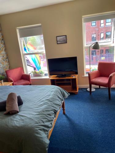 Lwr Ormeau Guest House في بلفاست: غرفة نوم بسرير وتلفزيون بشاشة مسطحة
