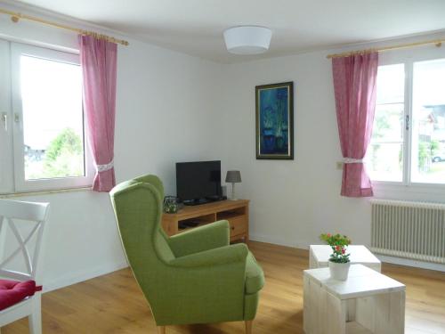 a living room with a green chair and a television at De Jutter Edelweiss in Gosau