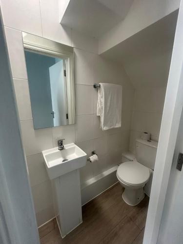a bathroom with a toilet and a sink and a mirror at 3 ST JOHN'S CLOSE in London