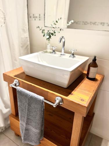 a bathroom with a sink and a mirror at Casa Los Olivos in Nueve de Julio
