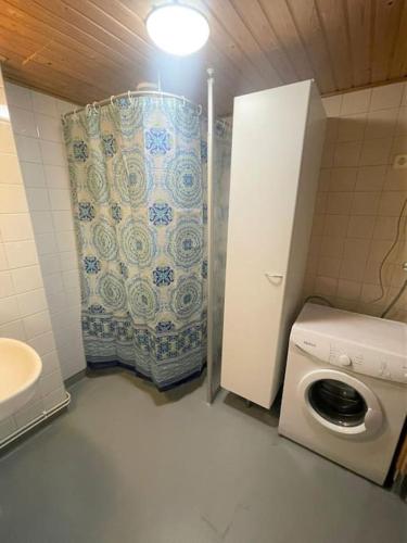 ein kleines Bad mit einer Waschmaschine und einer Dusche in der Unterkunft Kotimaailma - Saunallinen kolmio Herttoniemessä in Helsinki