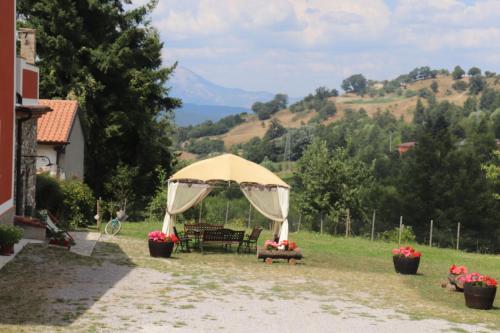 a picnic table under an umbrella in a field at Villa Manca in San Severino Lucano
