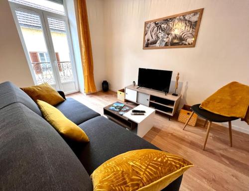 een woonkamer met een bank en een tv bij Bengale - T2 complétement rénové tout confort in Vichy