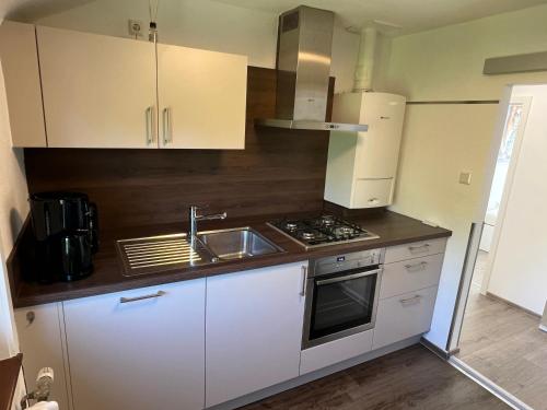 a kitchen with a sink and a stove top oven at Ferienwohnung an der Erms in Dettingen an der Erms