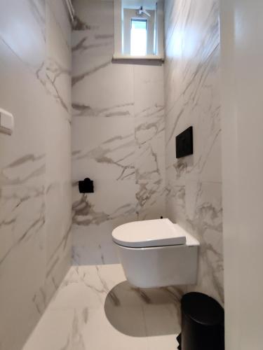 a white bathroom with a toilet and a window at Eindhoven City Apartments E 6P in Eindhoven