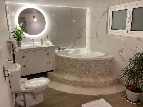 ein Badezimmer mit einer Badewanne, einem WC und einem Waschbecken in der Unterkunft Guest house privée in Ézanville