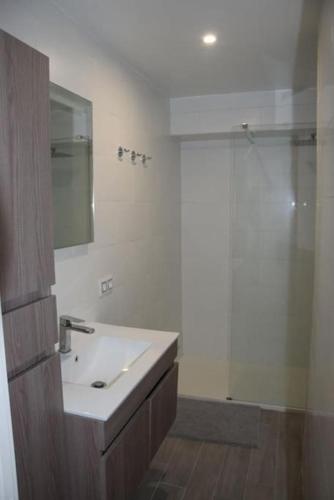 une salle de bain blanche avec un lavabo et une douche dans l'établissement Appartement, 2 pièces ,résidence avec piscine, à Cannes
