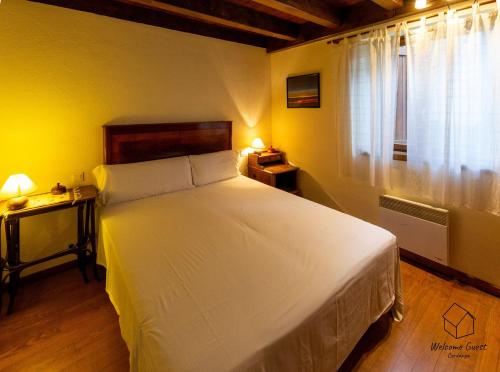 Un dormitorio con una gran cama blanca y una ventana en Apartament la Perdiu en Estavar