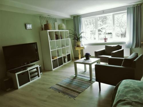 sala de estar con TV de pantalla plana y sofá en Cozy apartment near the airport en Riga