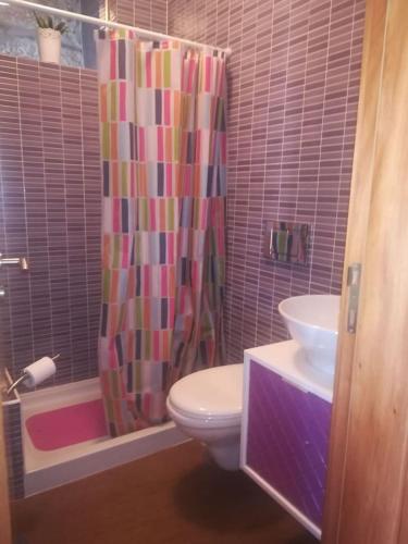 a bathroom with a toilet and a shower curtain at Beiral da Marfida in Amarante