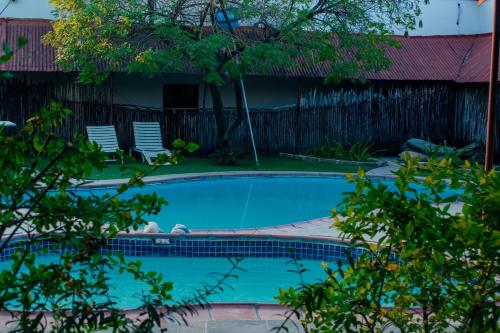 a swimming pool in a yard with two chairs and a fence at Dolar Lodges & Tours in Maun