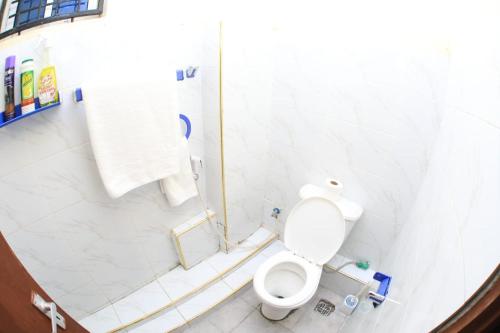 a white bathroom with a toilet and a shower at Lux Suites Ratna Studio Apartments in Nyali