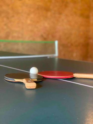 two ping pong paddles sitting on top of a table at Chalet BIA - Au courant des 2 rivières in Weedon-Centre