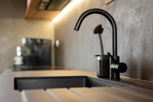 a kitchen sink with a faucet on a counter at Meditrine in Milotice