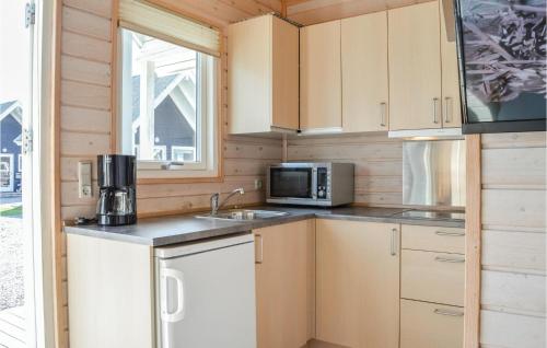 a kitchen with a sink and a microwave at Hytte 8 in Thyborøn