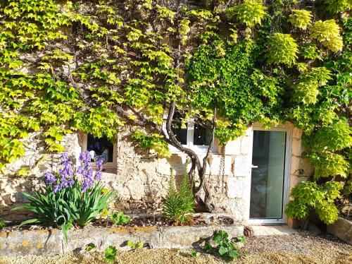 阿瓦同的住宿－Les Iris - Chambre Erable，一座石头建筑,设有窗户,鲜花盛开