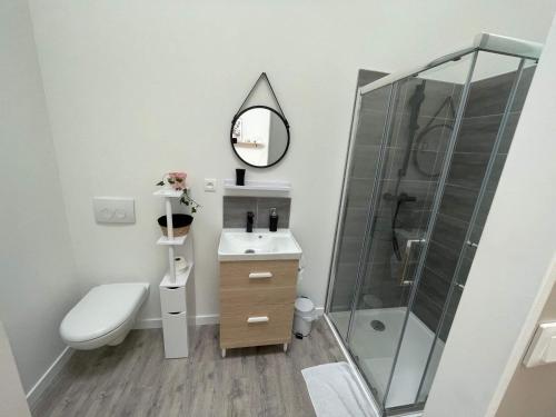 阿瓦同的住宿－Les Iris - Chambre Erable，浴室配有卫生间水槽和淋浴。