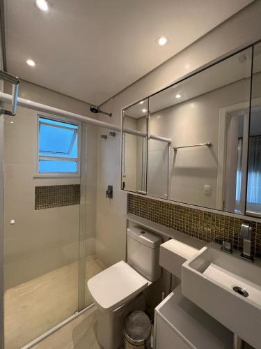 里維埃拉德聖洛倫索的住宿－MINHA CASA NA PRAIA，一间带卫生间、水槽和镜子的浴室