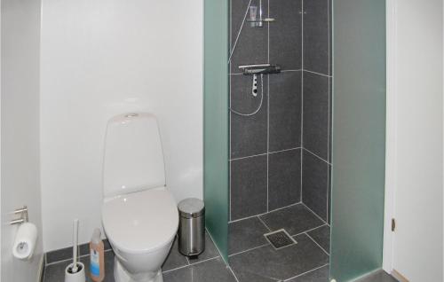 uma casa de banho com um WC e uma cabina de duche em vidro. em Beautiful Home In Rm With 4 Bedrooms And Wifi em Rømø Kirkeby