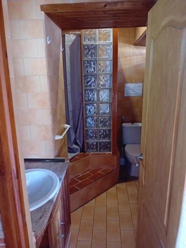 a bathroom with a shower and a sink and a toilet at T1 N 93 Ref 001 in Tavira